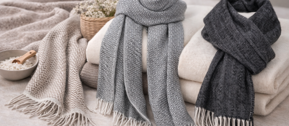 Luxuriöser Babyalpaka Schal und gefaltete Babyalpaka Pullover aus hochwertiger Alpaka-Wolle auf hellem und grauem Stoff – natürliche Premium Alpaka Kleidung