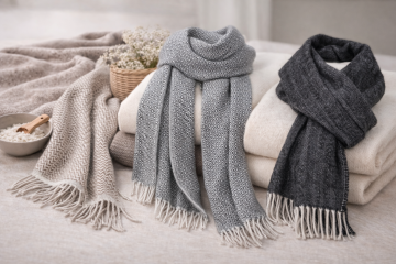 Luxuriöser Babyalpaka Schal und gefaltete Babyalpaka Pullover aus hochwertiger Alpaka-Wolle auf hellem und grauem Stoff – natürliche Premium Alpaka Kleidung